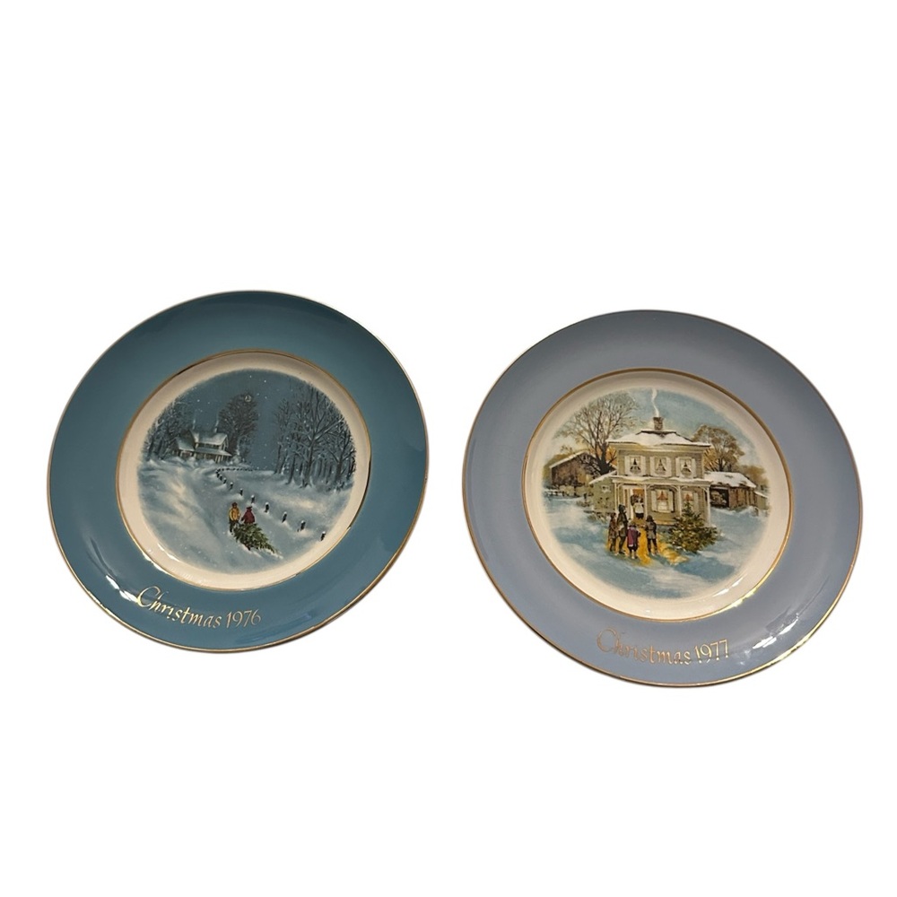 Avon Christmas Plates Bringing Home the Tree 1976 Carollers In Snow 1977